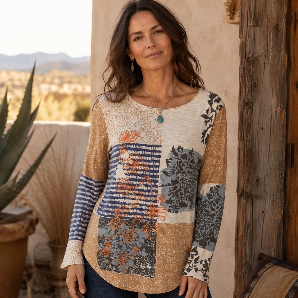 Sundance Patchwork Floral Top XS Boho Cotton Mixed Media Long Sleeve Layering